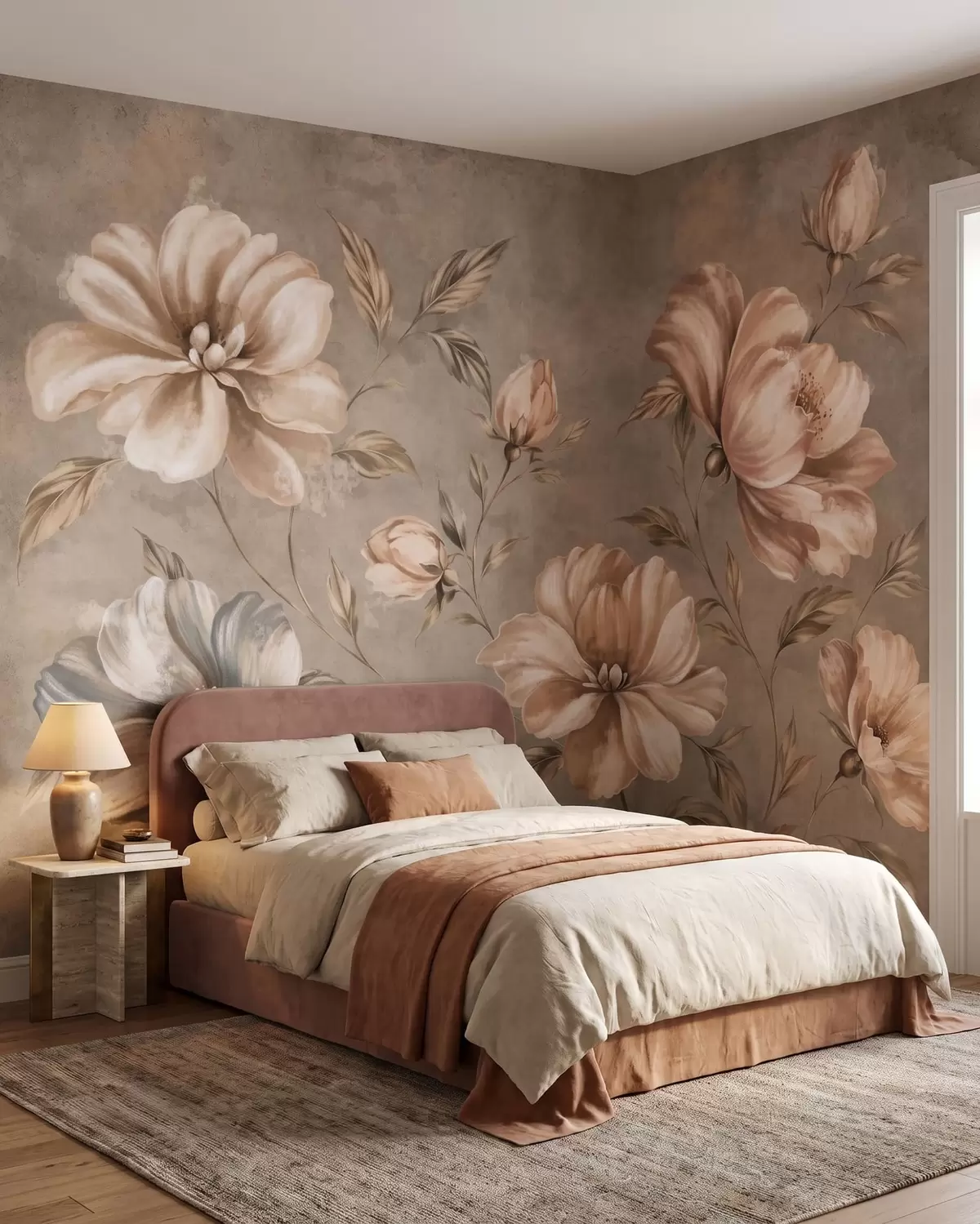 peintures murales Grandes fleurs de couleur crème et beige, accompagnées de feuilles w05958