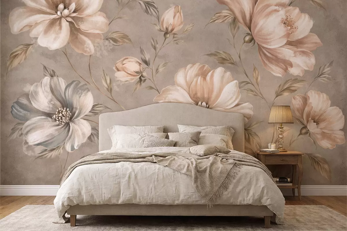 wall murals Large cream and beige flowers with leaves w05958