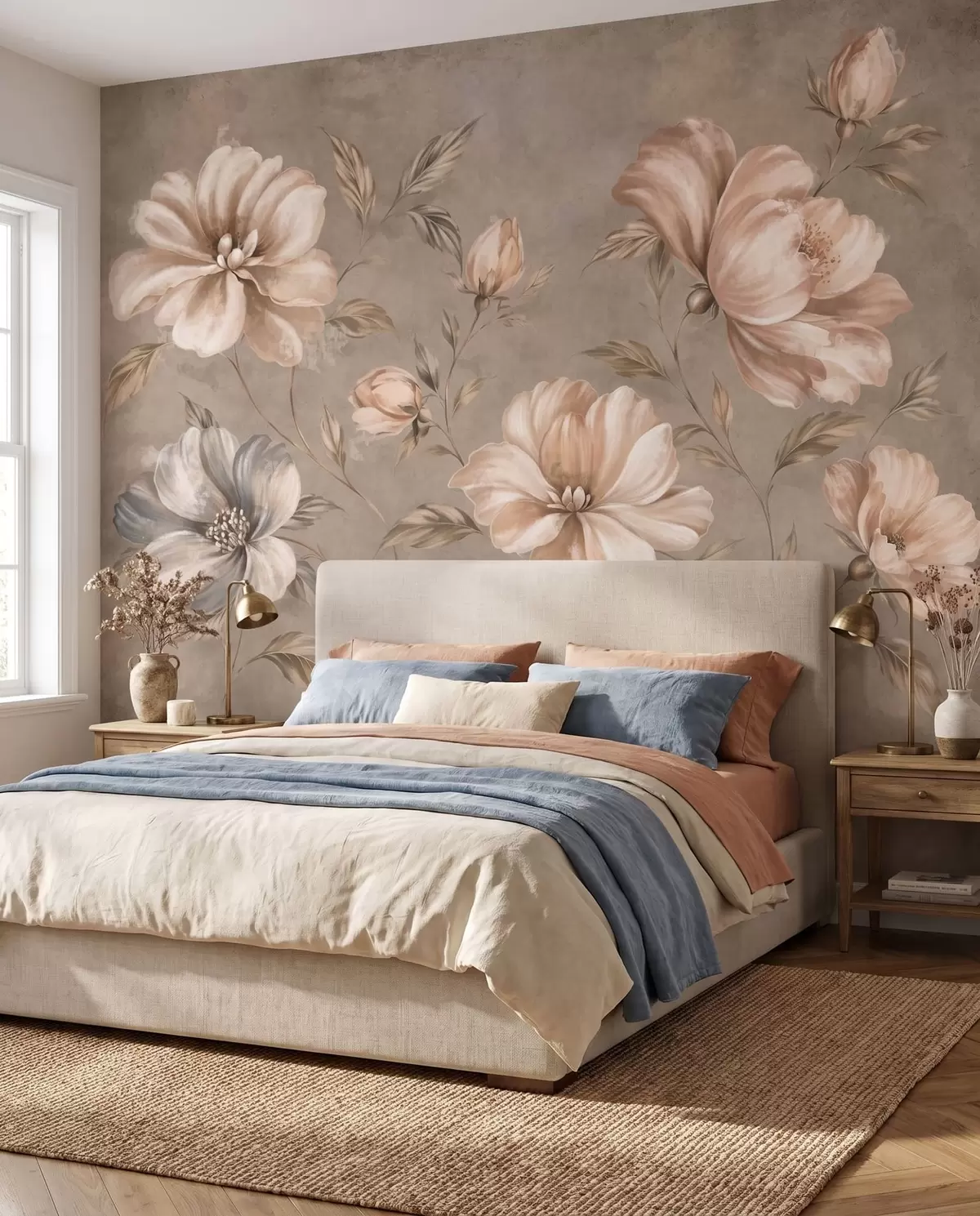 peintures murales Grandes fleurs de couleur crème et beige, accompagnées de feuilles w05958