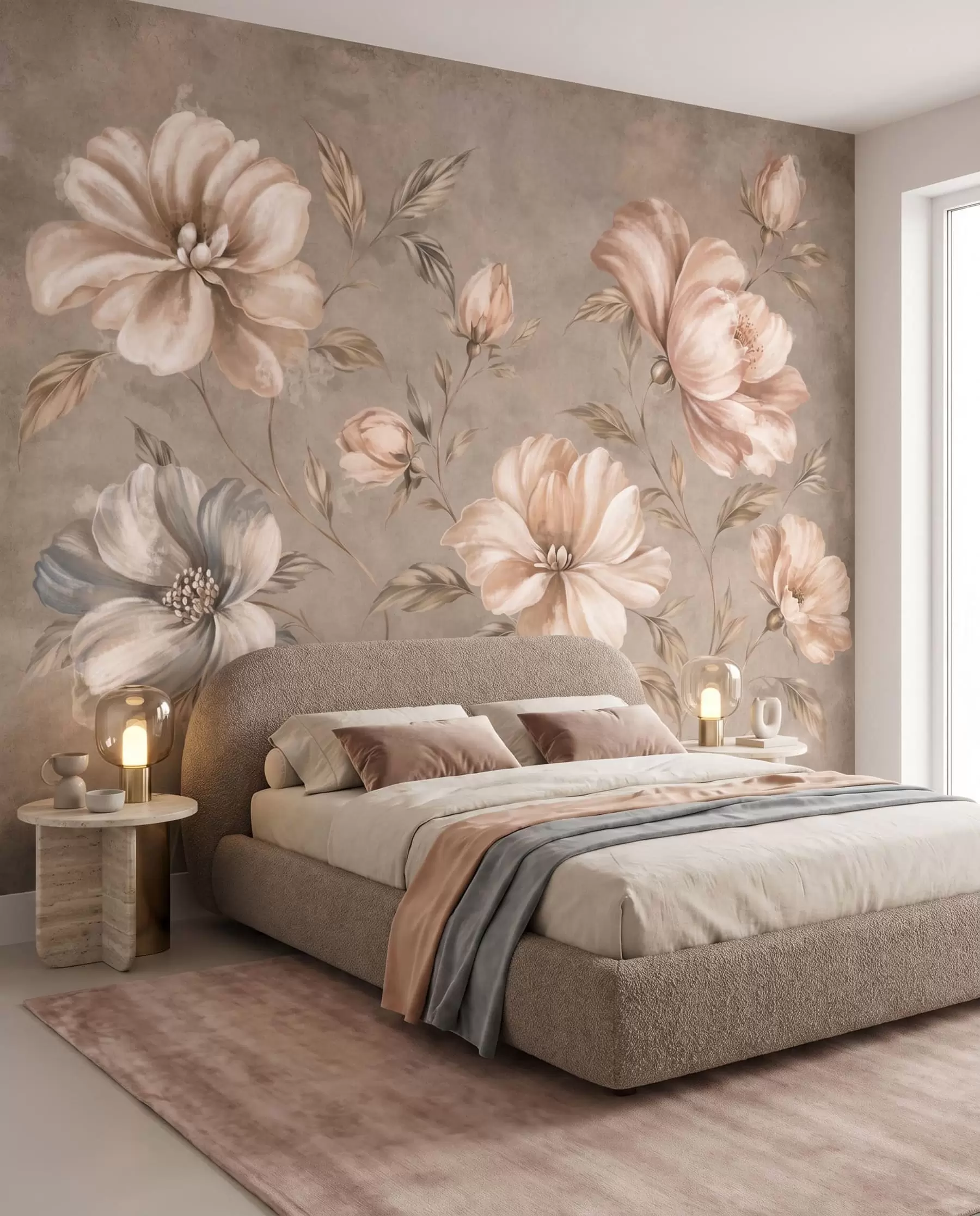 peintures murales Grandes fleurs de couleur crème et beige, accompagnées de feuilles w05958