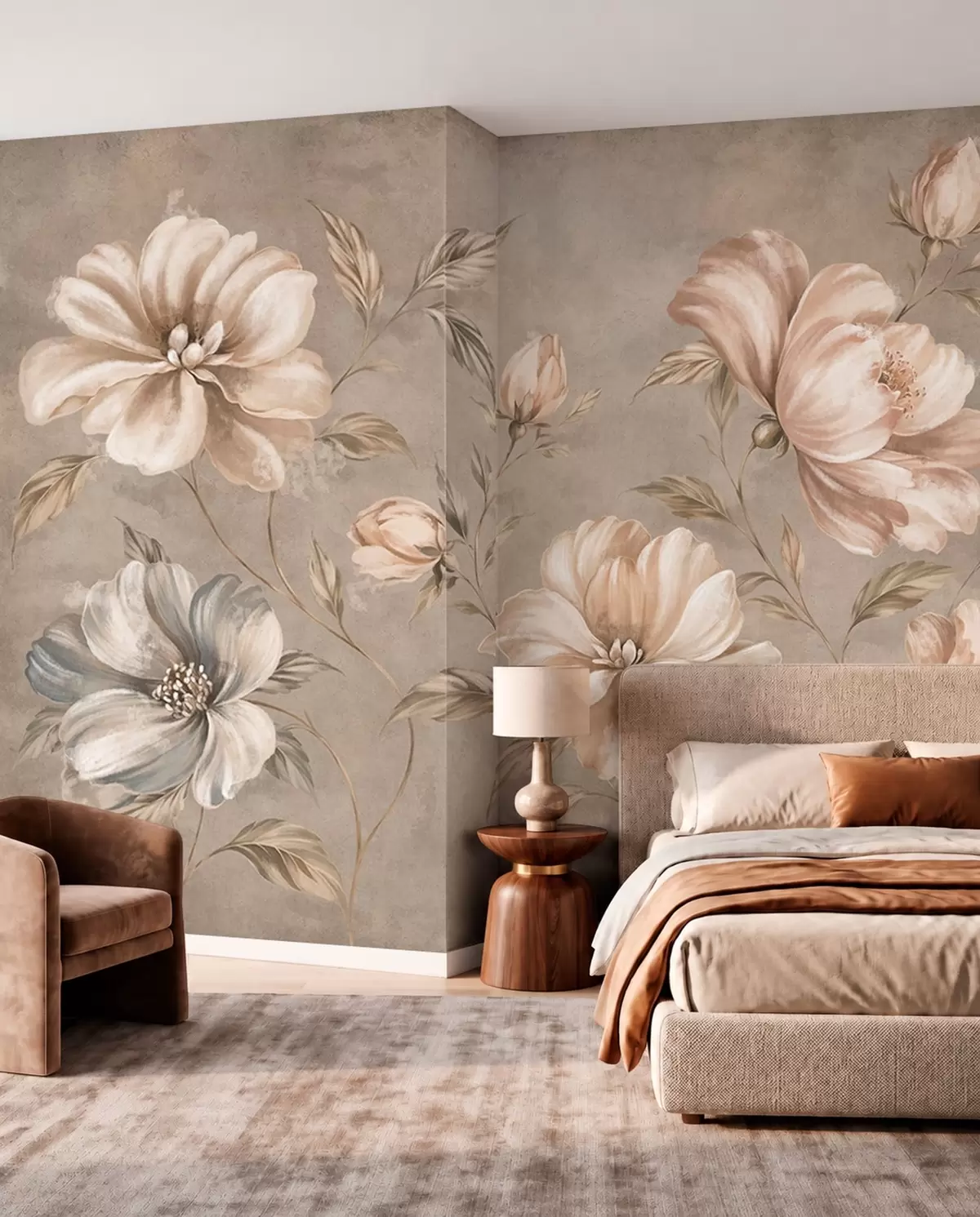 peintures murales Grandes fleurs de couleur crème et beige, accompagnées de feuilles w05958