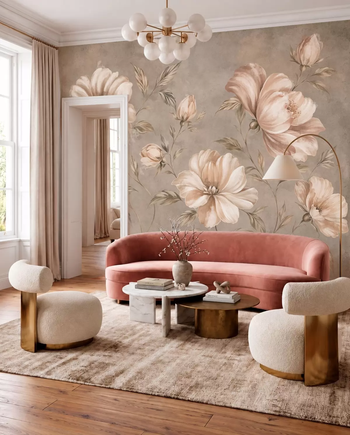 peintures murales Grandes fleurs de couleur crème et beige, accompagnées de feuilles w05958