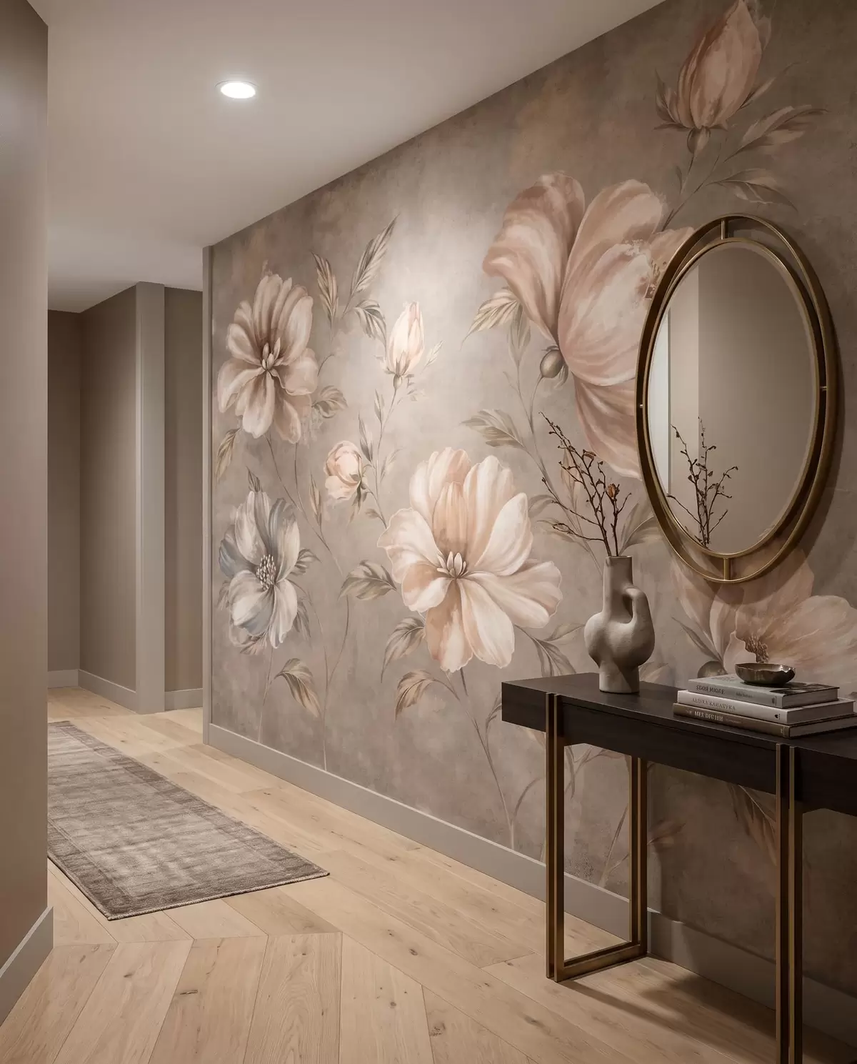 peintures murales Grandes fleurs de couleur crème et beige, accompagnées de feuilles w05958