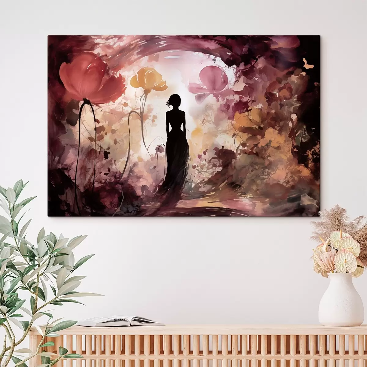 wall murals Silhouette of a Woman in a Fairytale Blooming Garden s51081