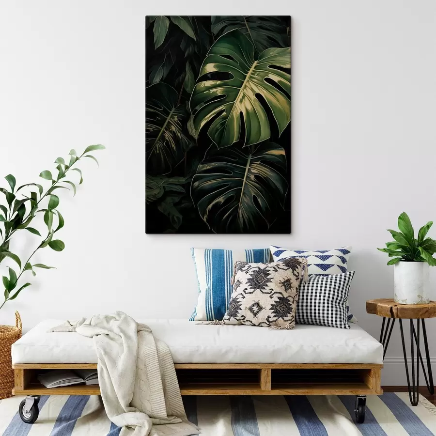 wall murals Glossy Monstera Leaves in Dark Tropics s51091