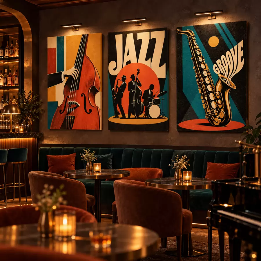 wall murals Jazz-themed artwork with musicians and instruments m31114