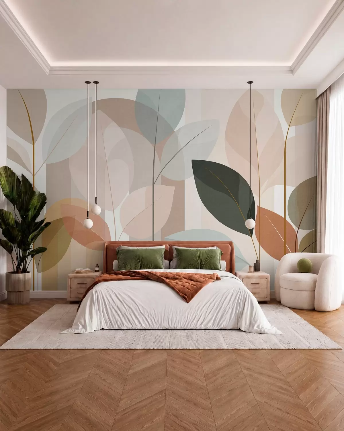 wall murals an abstract design featuring leaves in a matt weave style, in shades of beige, terracotta and peach w05986