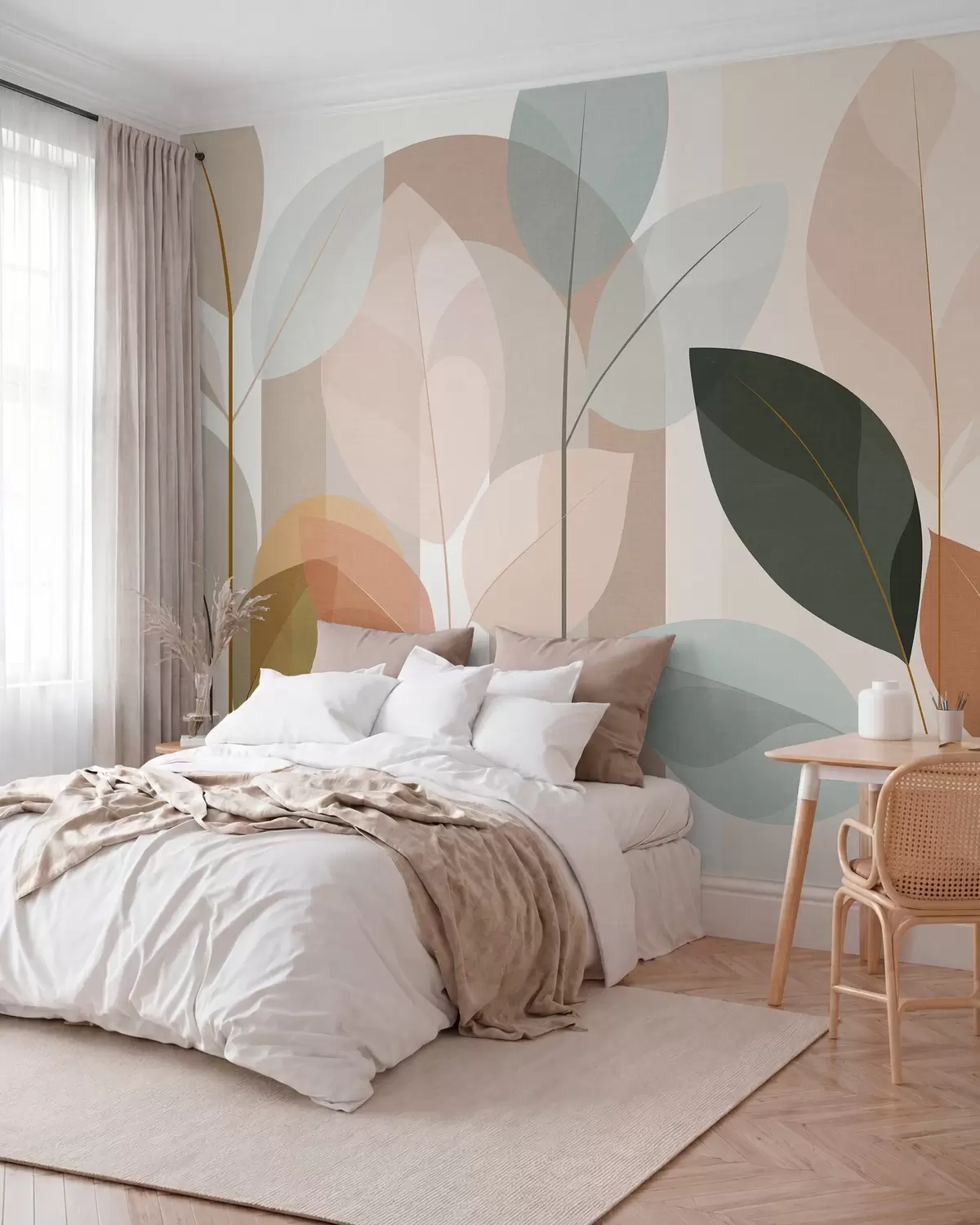 wall murals an abstract design featuring leaves in a matt weave style, in shades of beige, terracotta and peach w05986