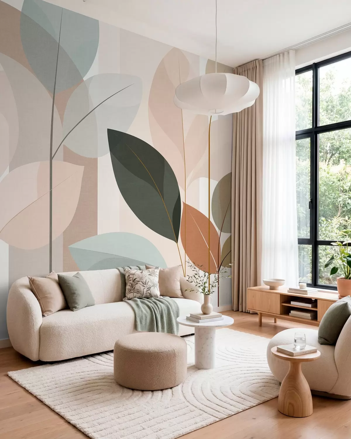 wall murals an abstract design featuring leaves in a matt weave style, in shades of beige, terracotta and peach w05986