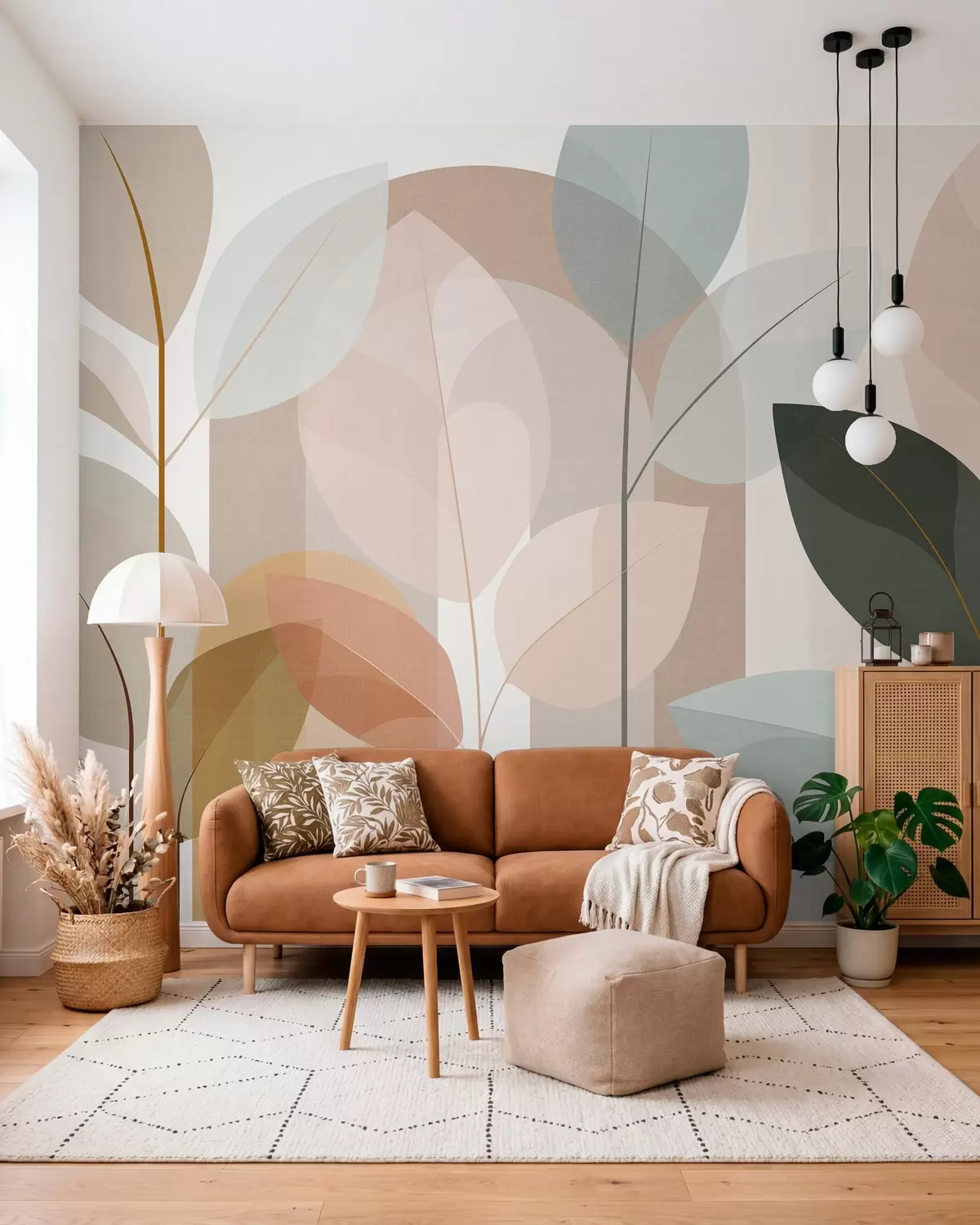 wall murals an abstract design featuring leaves in a matt weave style, in shades of beige, terracotta and peach w05986