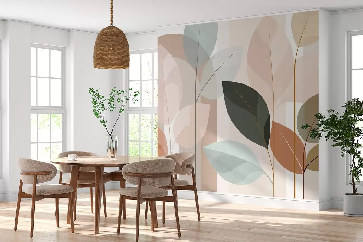 wall murals an abstract design featuring leaves in a matt weave style, in shades of beige, terracotta and peach w05986