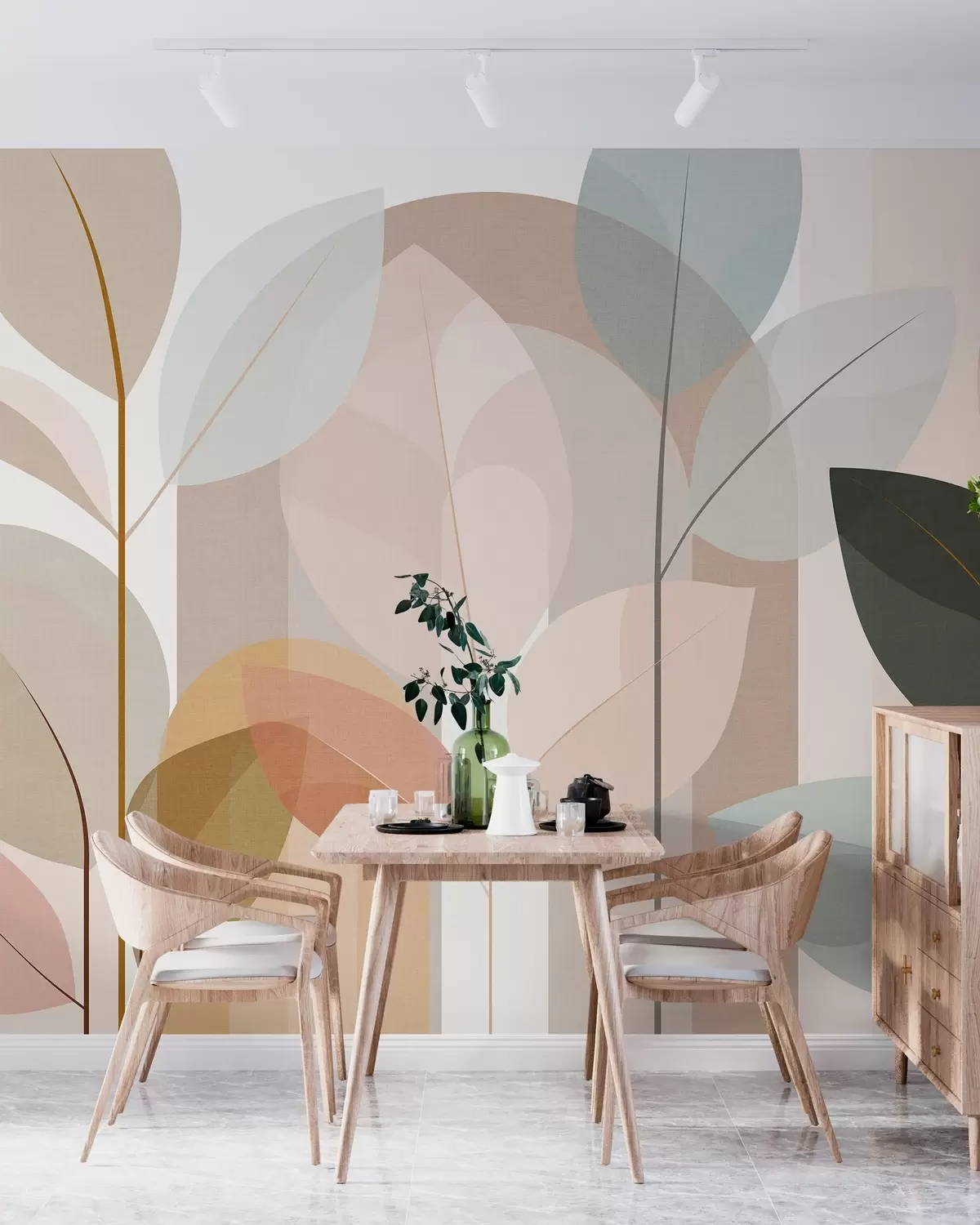 wall murals an abstract design featuring leaves in a matt weave style, in shades of beige, terracotta and peach w05986