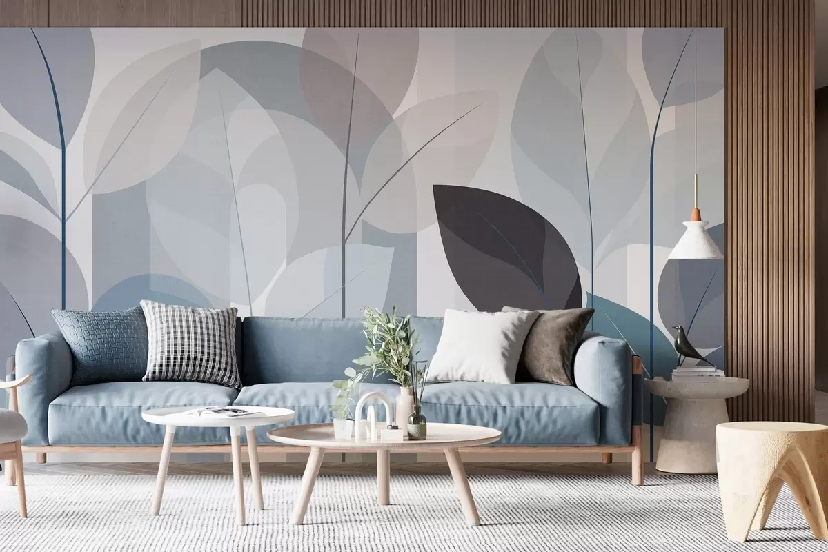 wall murals an abstract design featuring leaves in a matt weave style in shades of blue w05986v2