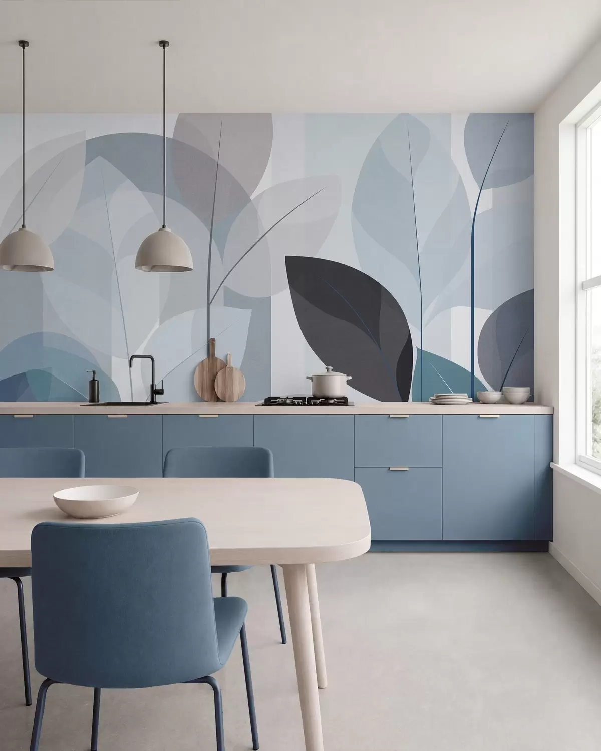 wall murals an abstract design featuring leaves in a matt weave style in shades of blue w05986v2