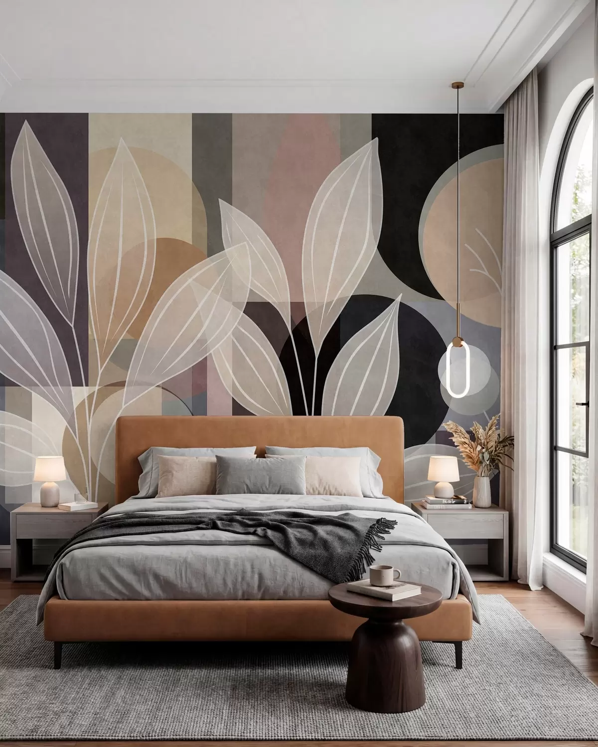 wall murals stylised leaves against a geometric background in shades of beige and dark colours w05987