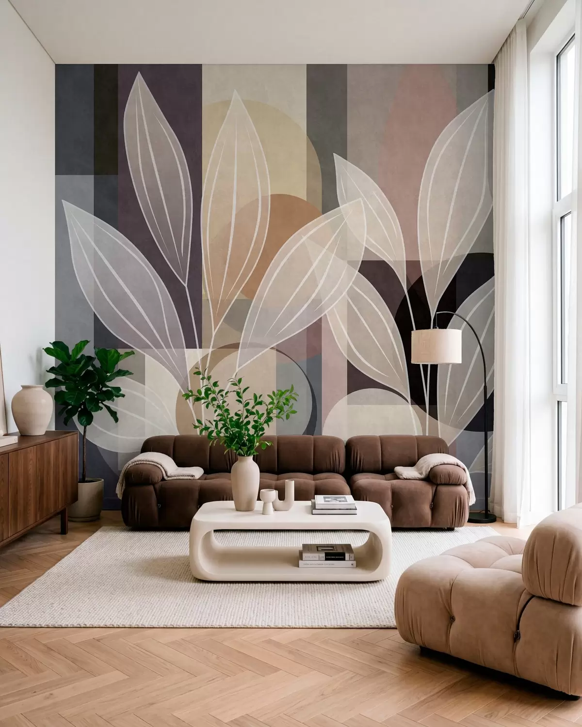 wall murals stylised leaves against a geometric background in shades of beige and dark colours w05987