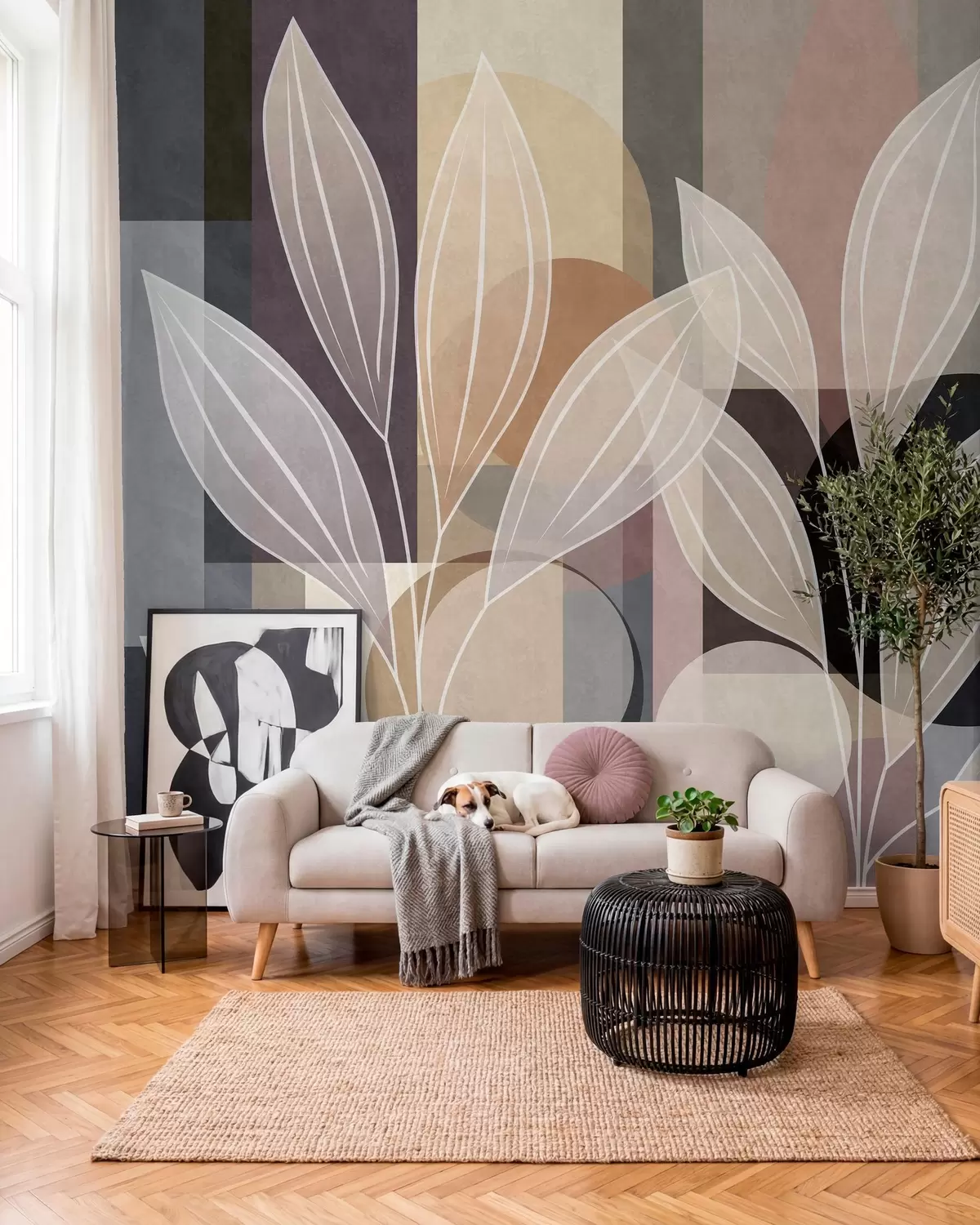 wall murals stylised leaves against a geometric background in shades of beige and dark colours w05987