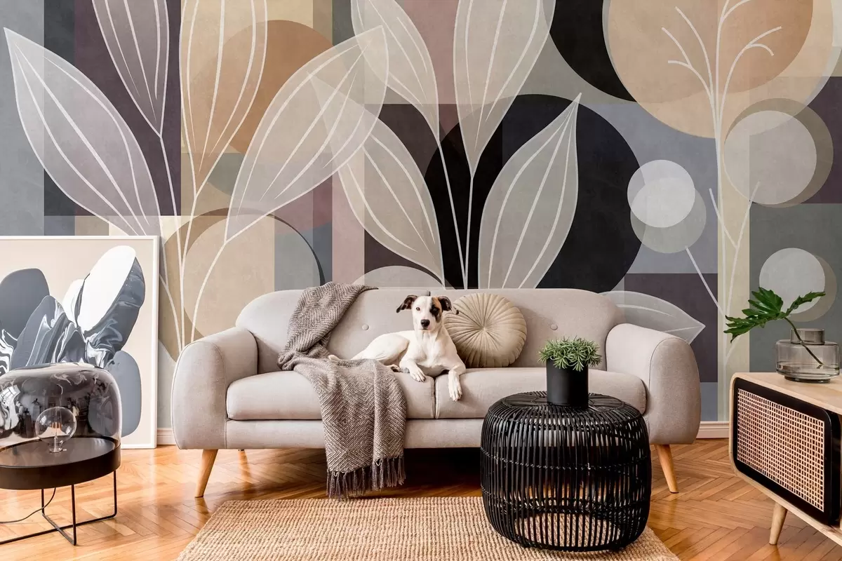 wall murals stylised leaves against a geometric background in shades of beige and dark colours w05987