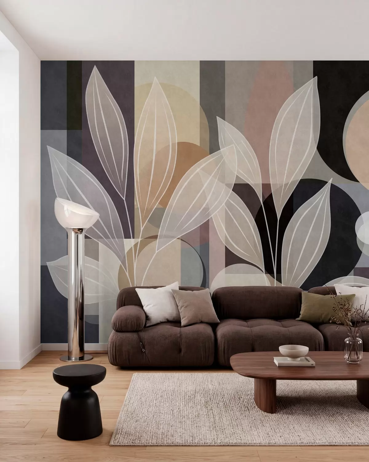 wall murals stylised leaves against a geometric background in shades of beige and dark colours w05987