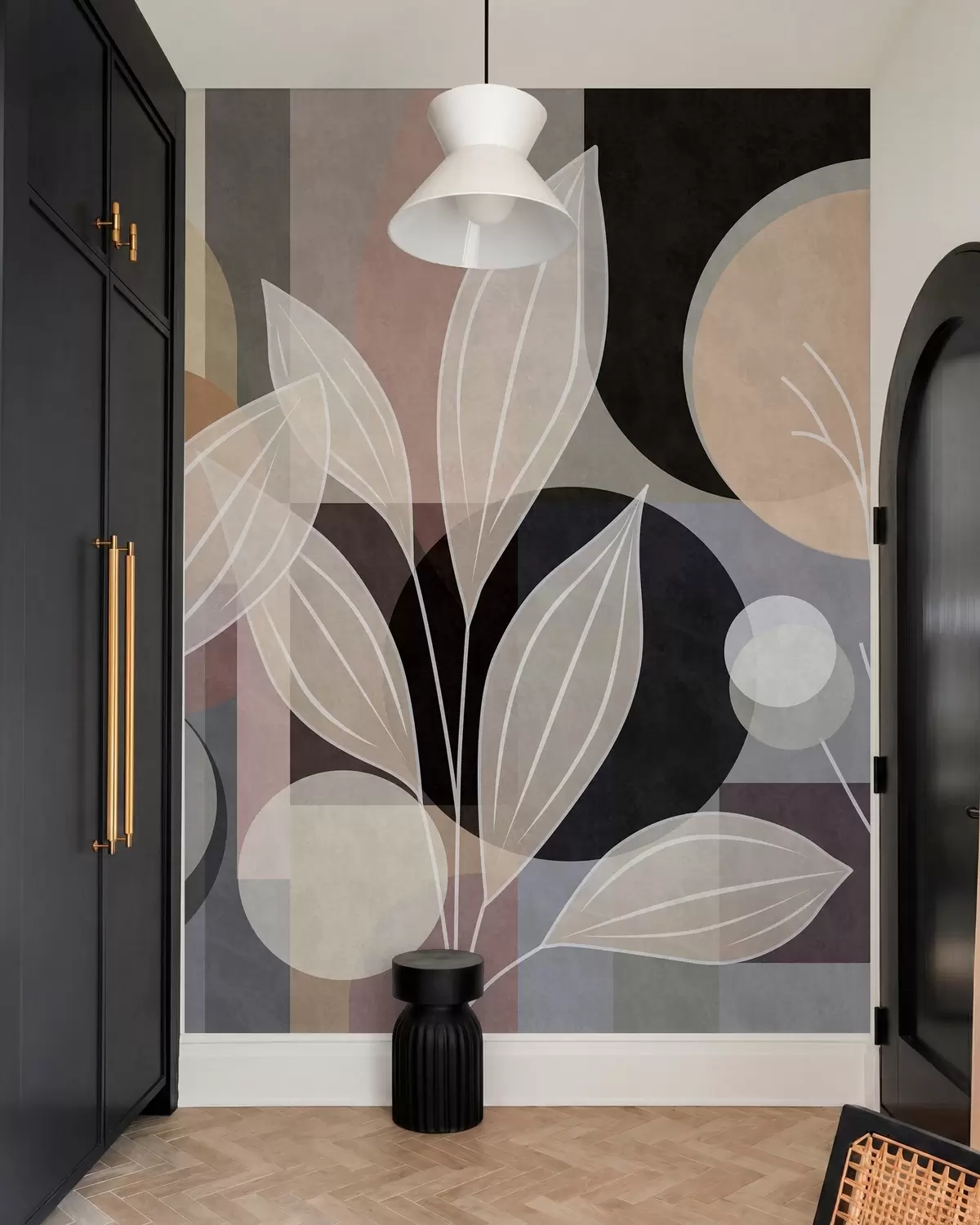 wall murals stylised leaves against a geometric background in shades of beige and dark colours w05987