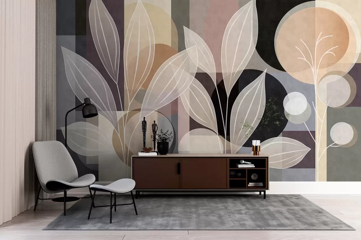 wall murals stylised leaves against a geometric background in shades of beige and dark colours w05987