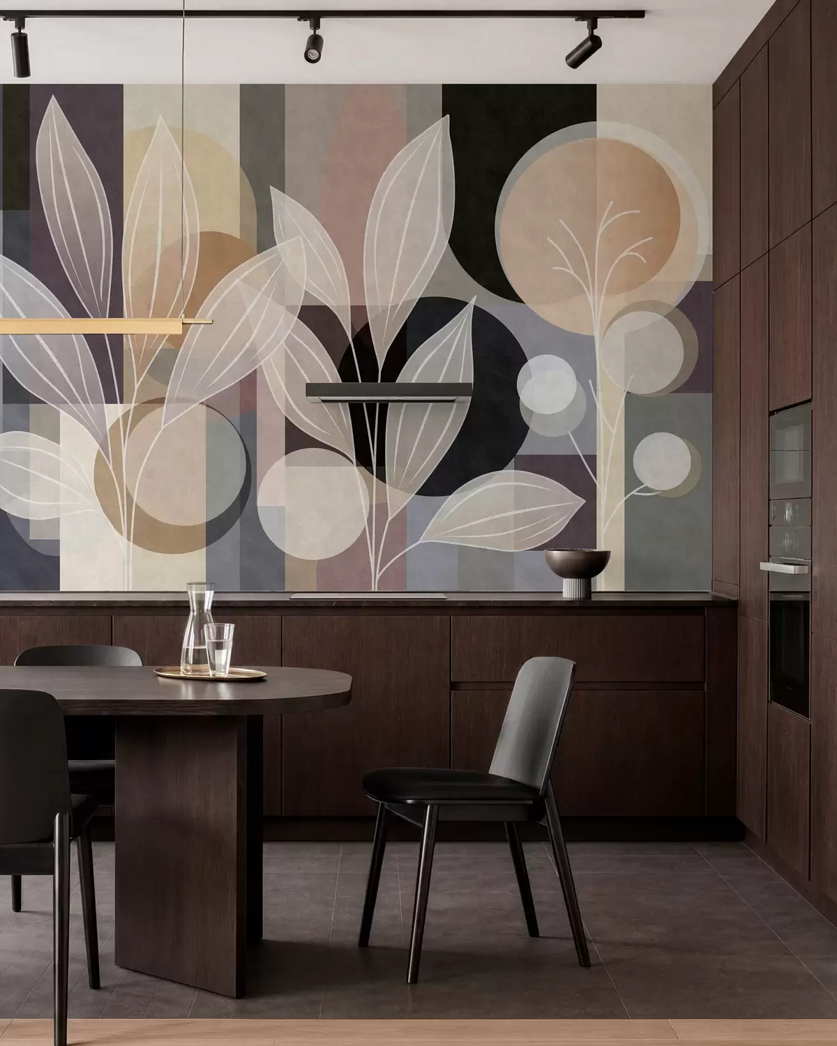 wall murals stylised leaves against a geometric background in shades of beige and dark colours w05987