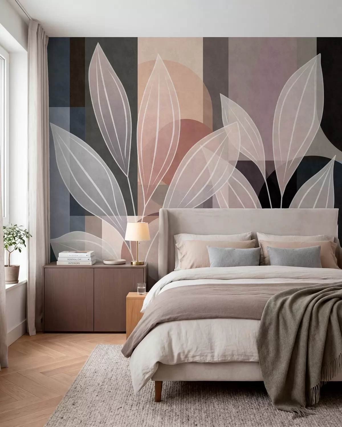 Wall Mural Photo Wallpaper stylised foliage against a geometric background in powdery and dark shades w05987v1