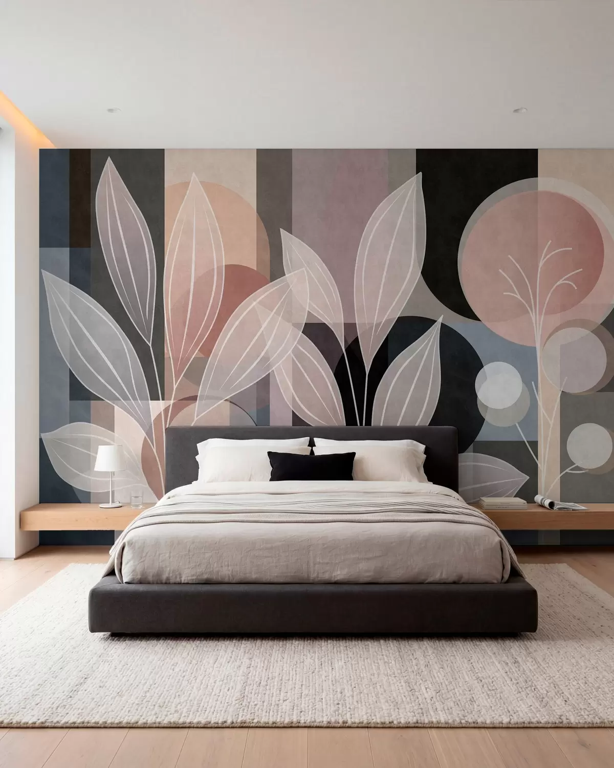 Wall Mural Photo Wallpaper stylised foliage against a geometric background in powdery and dark shades w05987v1