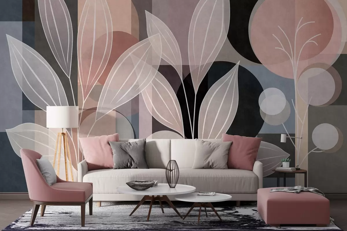 wall murals stylised foliage against a geometric background in powdery and dark shades w05987v1