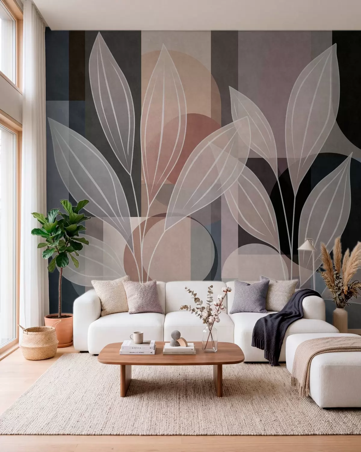 Wall Mural Photo Wallpaper stylised foliage against a geometric background in powdery and dark shades w05987v1