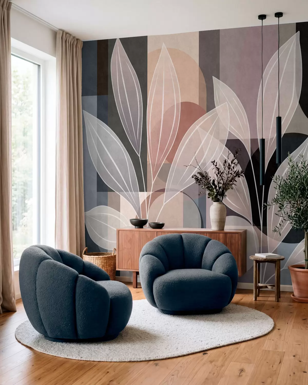 Wall Mural Photo Wallpaper stylised foliage against a geometric background in powdery and dark shades w05987v1