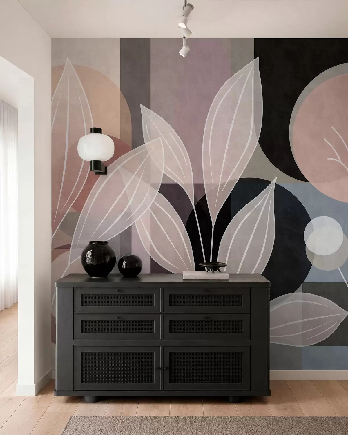 Wall Mural Photo Wallpaper stylised foliage against a geometric background in powdery and dark shades w05987v1