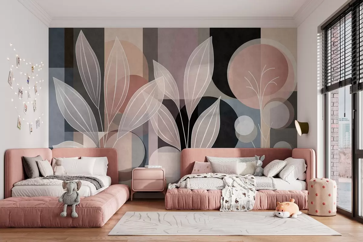 wall murals stylised foliage against a geometric background in powdery and dark shades w05987v1
