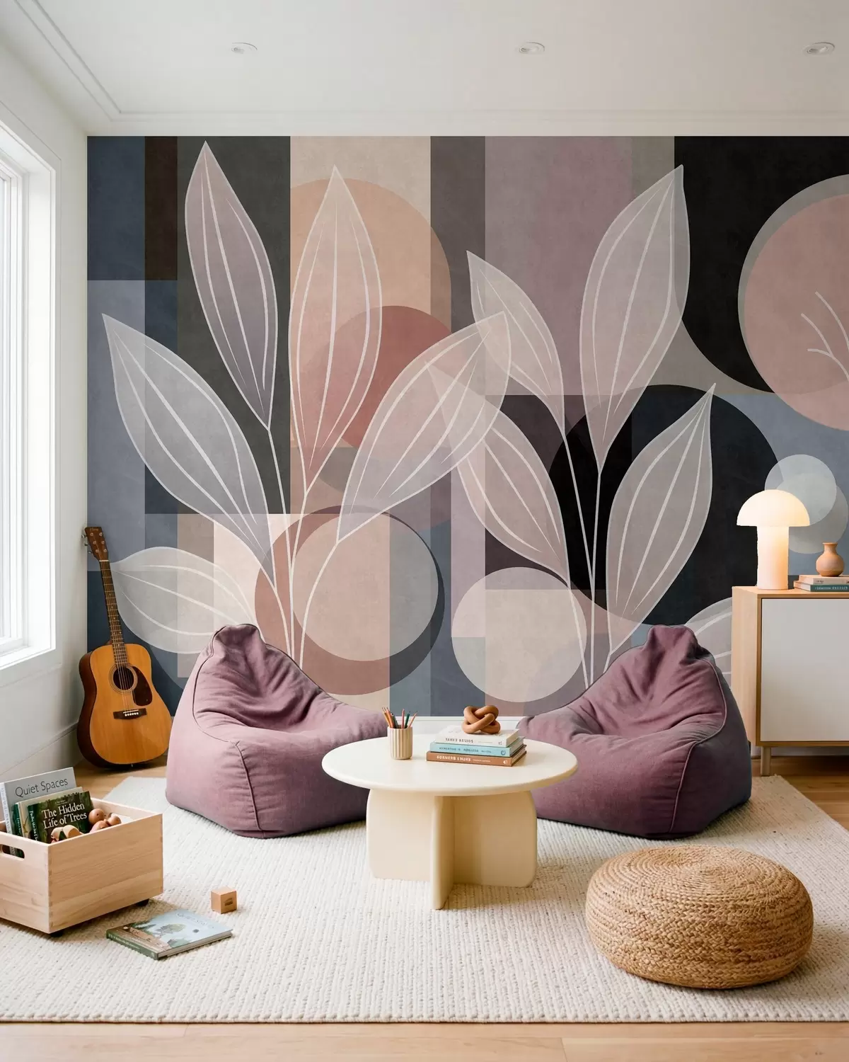 Wall Mural Photo Wallpaper stylised foliage against a geometric background in powdery and dark shades w05987v1
