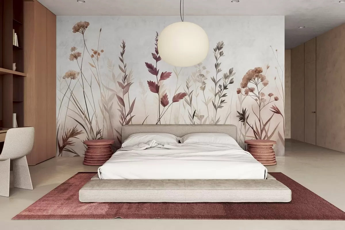 wall murals Tall wild grasses and wildflowers in muted earth tones, minimalist aesthetic w10084