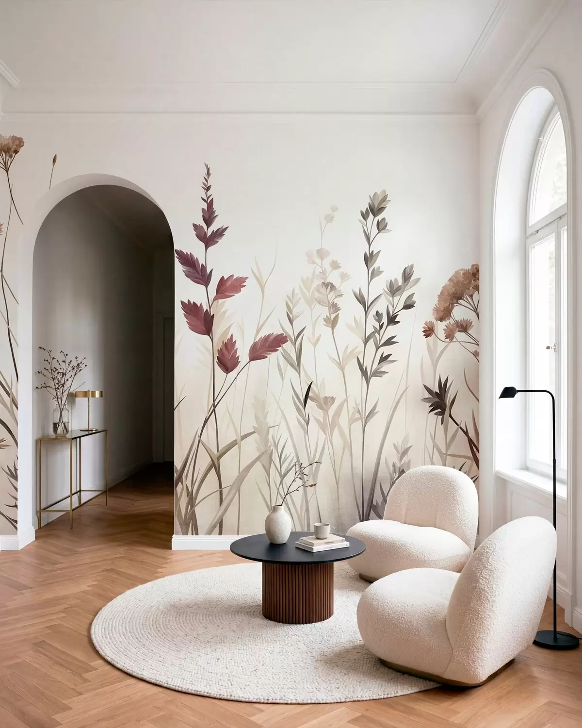 wall murals Tall wild grasses and wildflowers in muted earth tones, minimalist aesthetic w10084