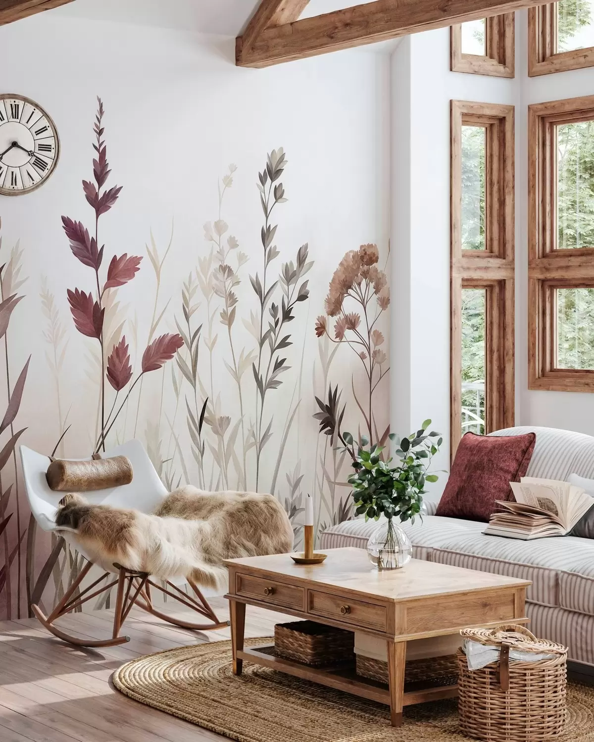 wall murals Tall wild grasses and wildflowers in muted earth tones, minimalist aesthetic w10084