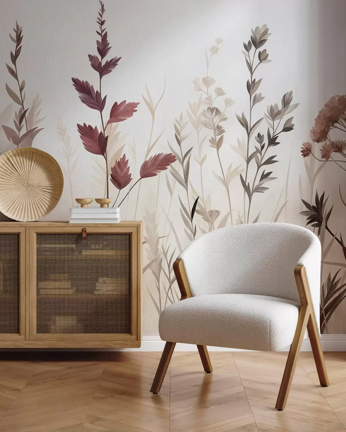 wall murals Tall wild grasses and wildflowers in muted earth tones, minimalist aesthetic w10084