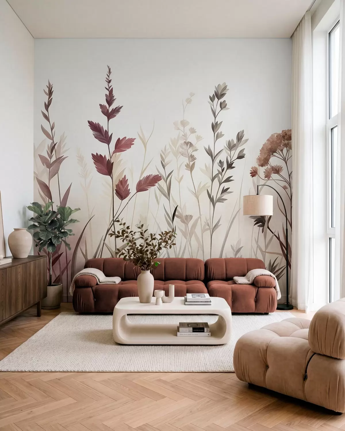 wall murals Tall wild grasses and wildflowers in muted earth tones, minimalist aesthetic w10084