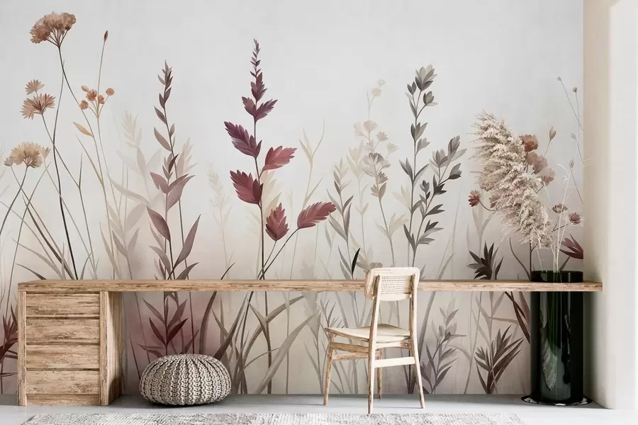 wall murals Tall wild grasses and wildflowers in muted earth tones, minimalist aesthetic w10084