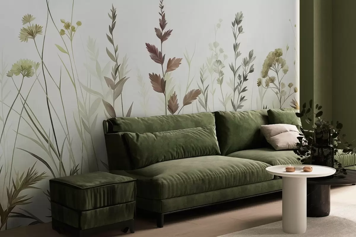 wall murals Tall wild grasses and wildflowers in muted green tones, minimalist aesthetic w10084v1