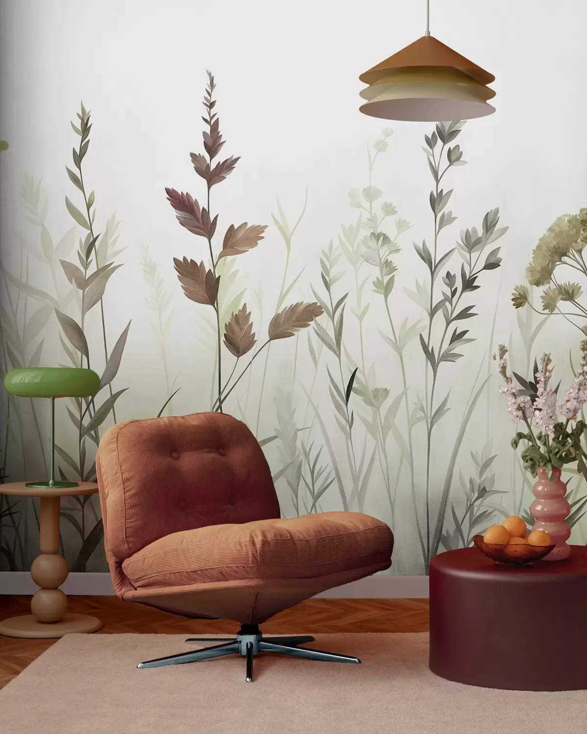 wall murals Tall wild grasses and wildflowers in muted green tones, minimalist aesthetic w10084v1
