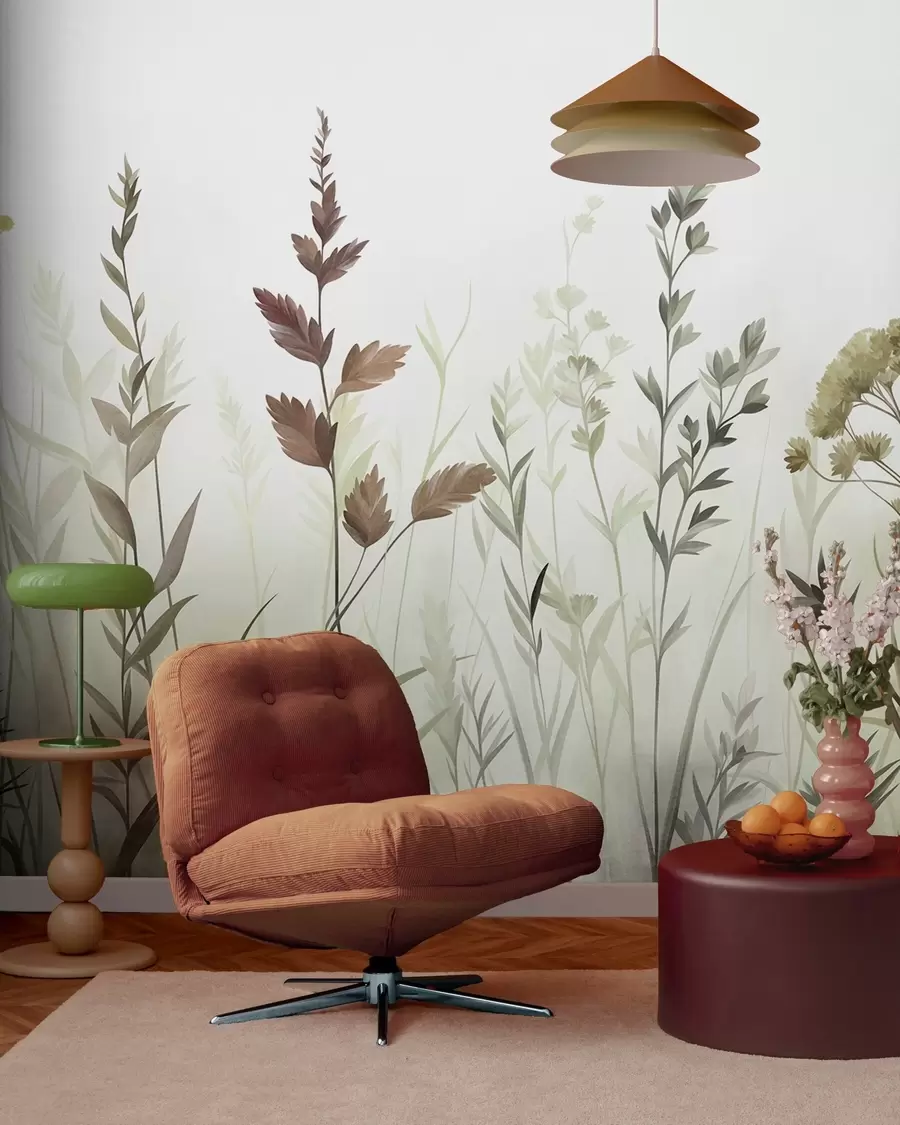 wall murals Tall wild grasses and wildflowers in muted green tones, minimalist aesthetic w10084v1