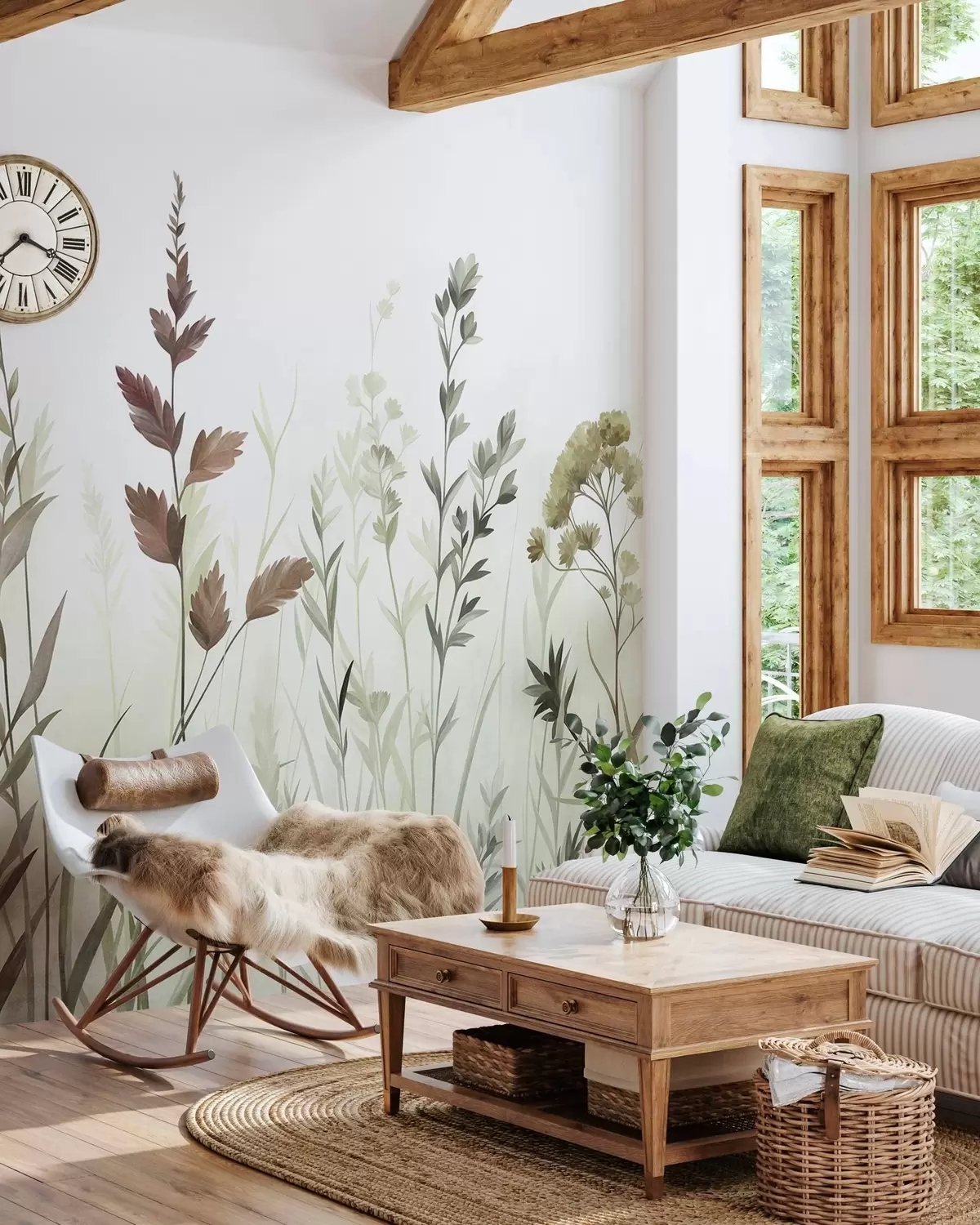 wall murals Tall wild grasses and wildflowers in muted green tones, minimalist aesthetic w10084v1