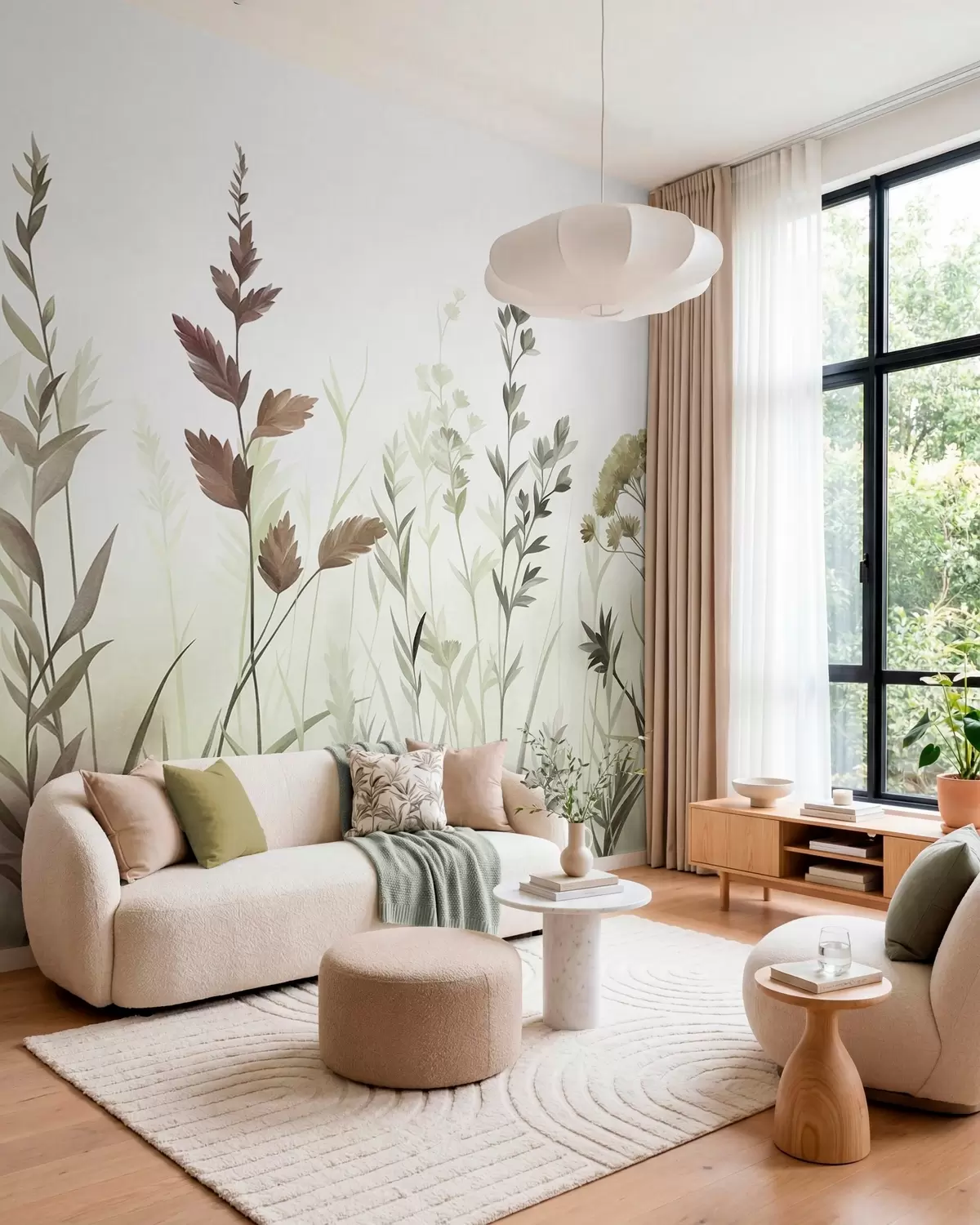 wall murals Tall wild grasses and wildflowers in muted green tones, minimalist aesthetic w10084v1