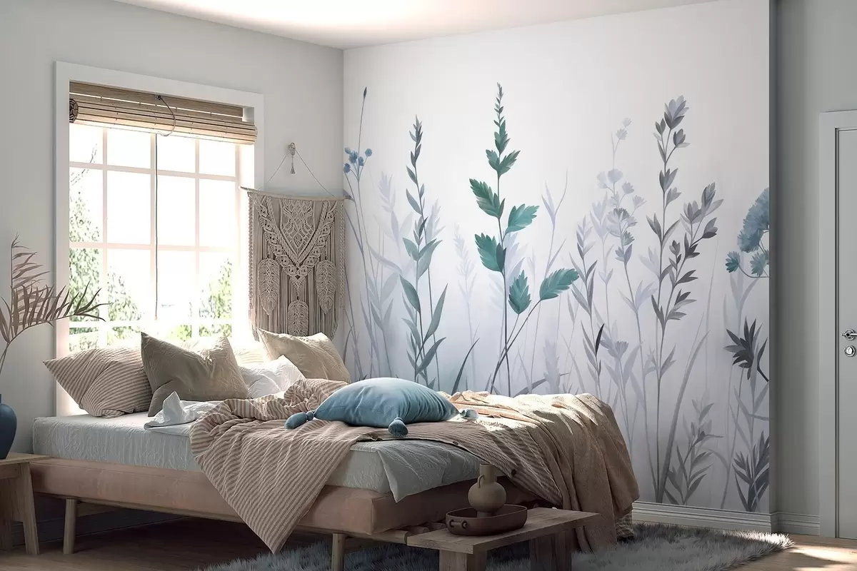 wall murals Tall wild grasses and wildflowers in muted blue tones, minimalist aesthetic w10084v2