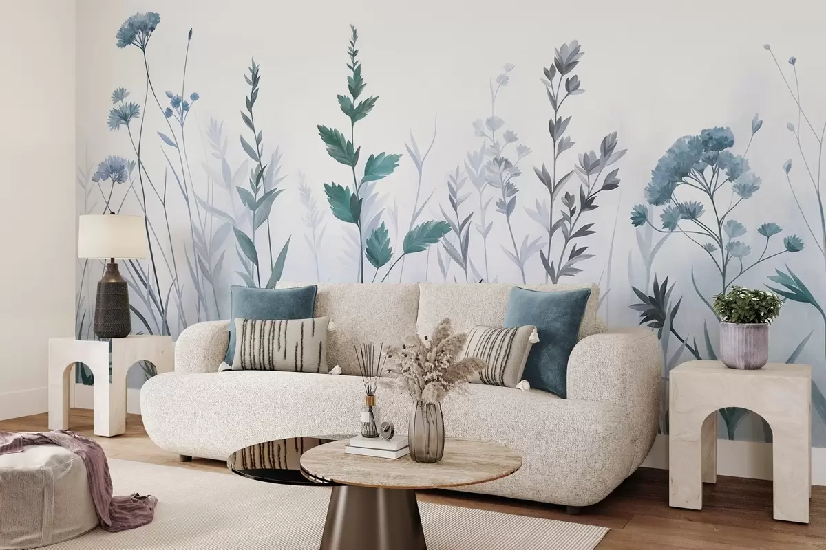 wall murals Tall wild grasses and wildflowers in muted blue tones, minimalist aesthetic w10084v2
