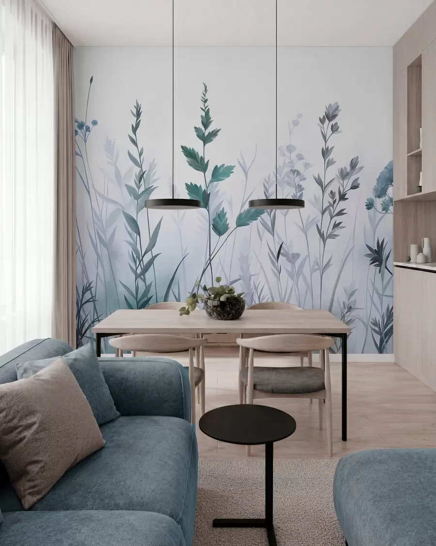 wall murals Tall wild grasses and wildflowers in muted blue tones, minimalist aesthetic w10084v2