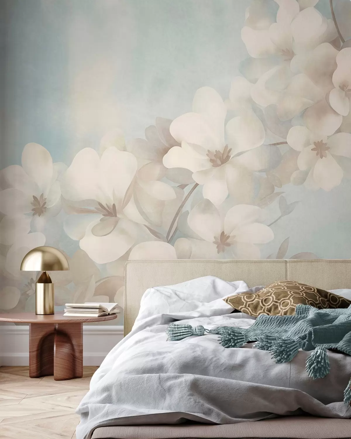 wall murals White flowers on a branch, soft pastel colors, light blue textured background w10107