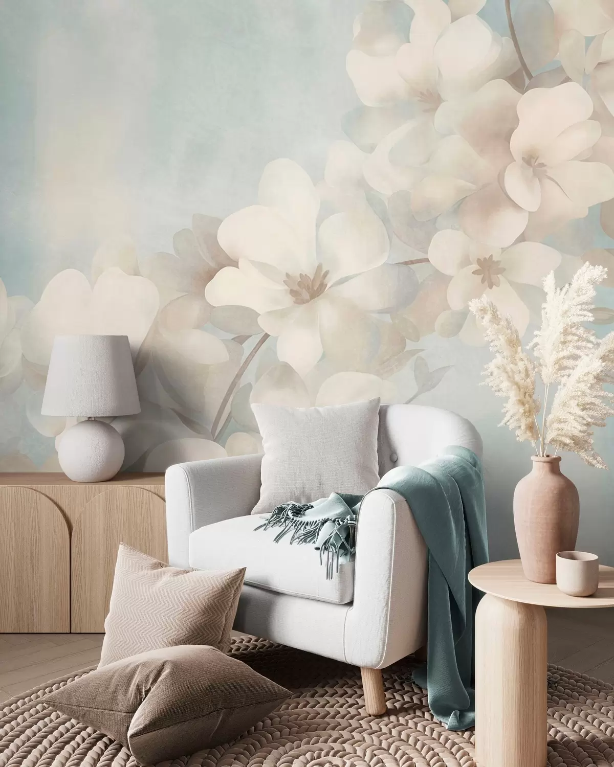 wall murals White flowers on a branch, soft pastel colors, light blue textured background w10107